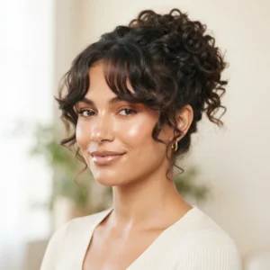 Curly Bun With Curtain Bangs