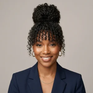 High Bun With Curly Bangs