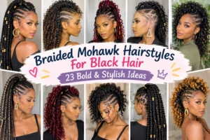 Braided mohawk hairstyles for black hair featuring cornrows, feed-in braids, curls, twists, beads, colorful styles, and elegant updos.