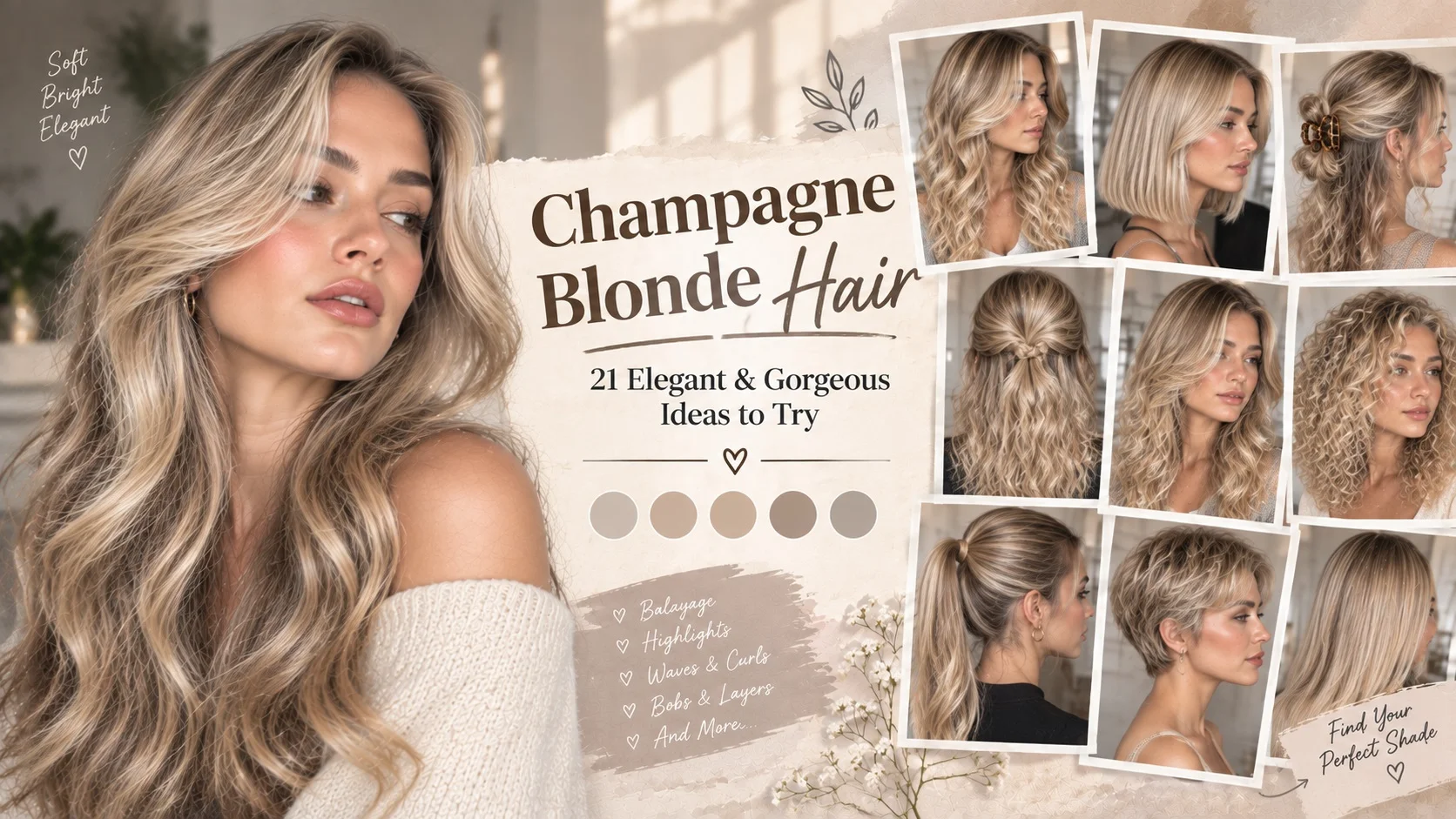 21 gorgeous champagne blonde hair ideas featuring balayage, highlights, waves, curls, bobs, layers, and rooted blonde styles