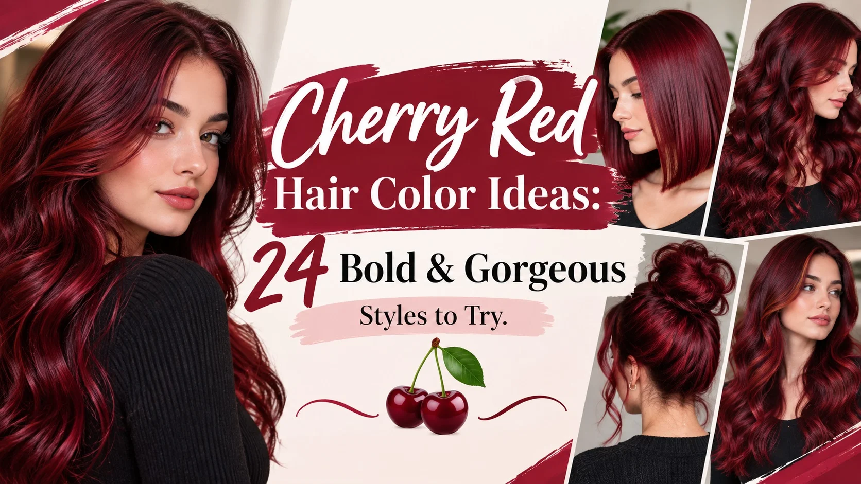 24 cherry red hair color ideas featuring balayage, dark cherry shades, curls, waves, bobs, highlights, and glossy red hairstyles