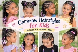 Cornrow hairstyles for kids featuring heart patterns, braids, colorful beads, ponytails, buns, and playful accessories.