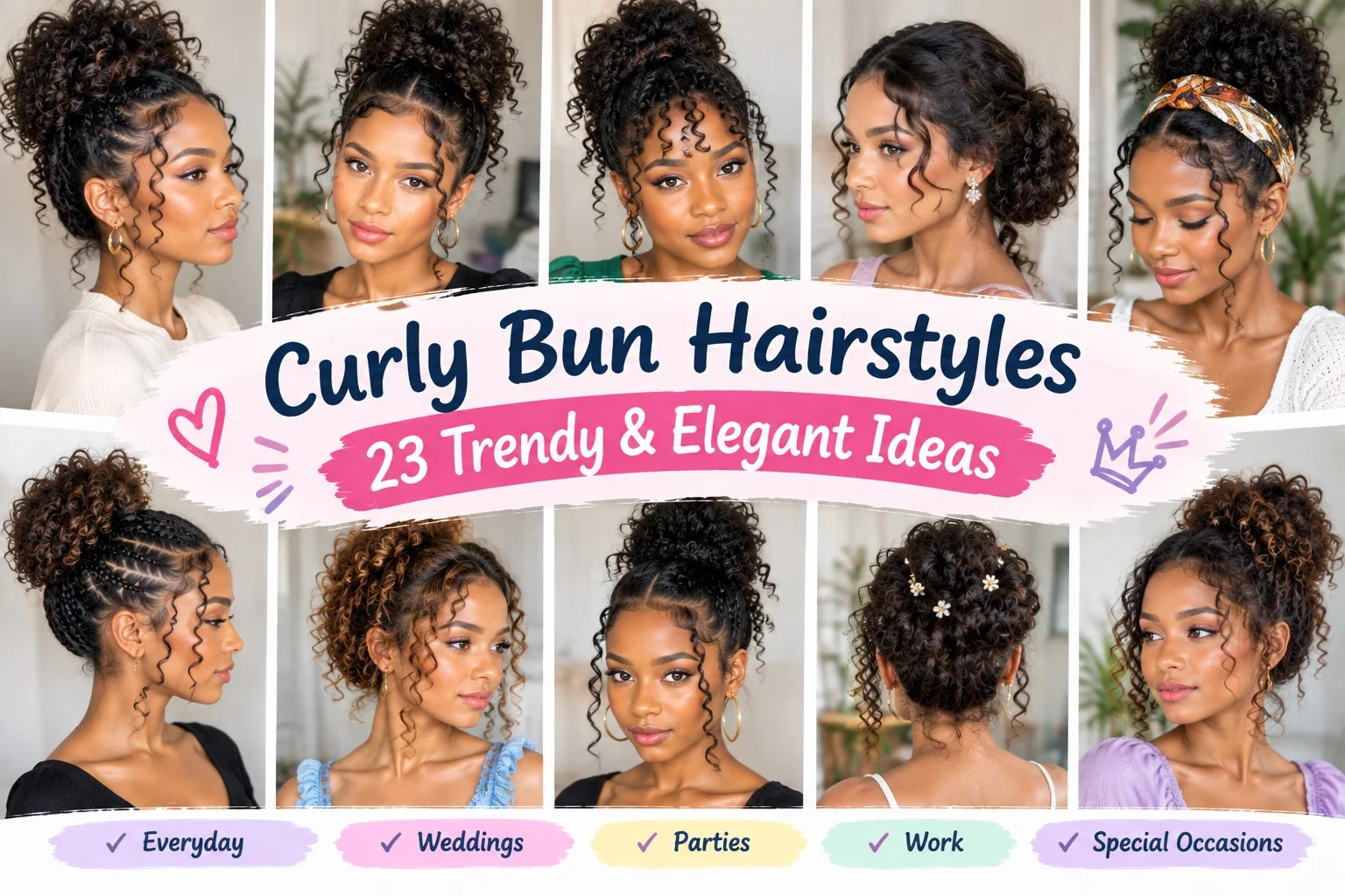 Curly bun hairstyles featuring high buns, low buns, braided buns, romantic updos, curly puffs, double buns, and elegant styles for weddings and special occasions.