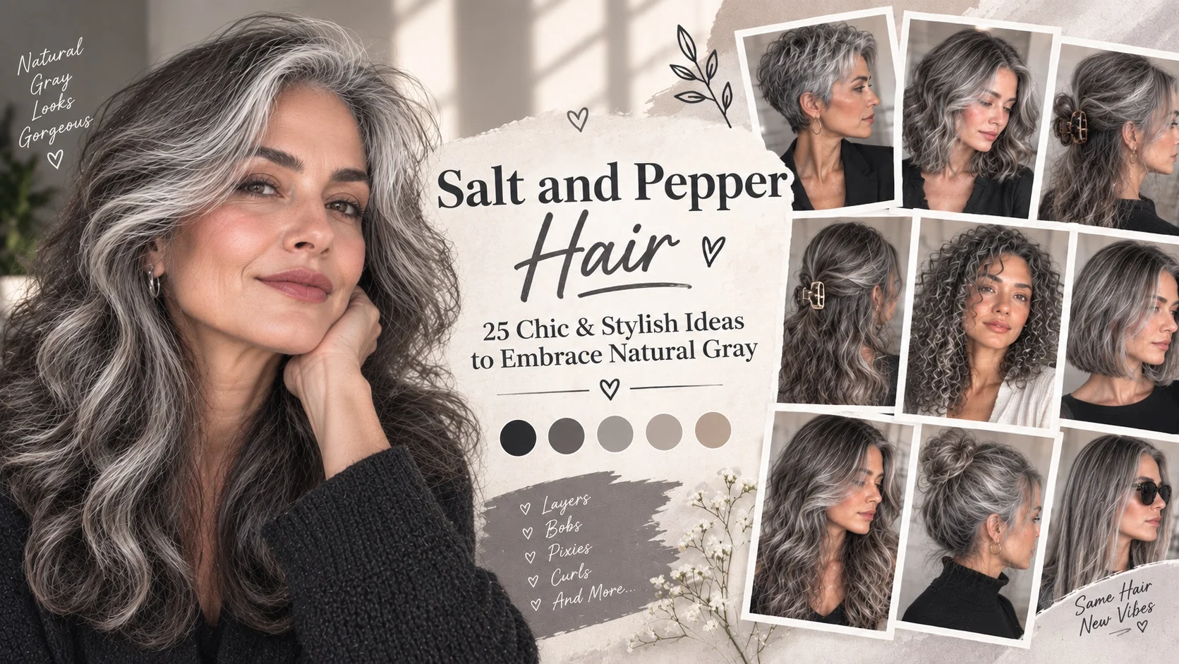 25 stylish salt and pepper hair ideas featuring natural gray waves, layered cuts, bobs, pixies, curls, and elegant hairstyles
