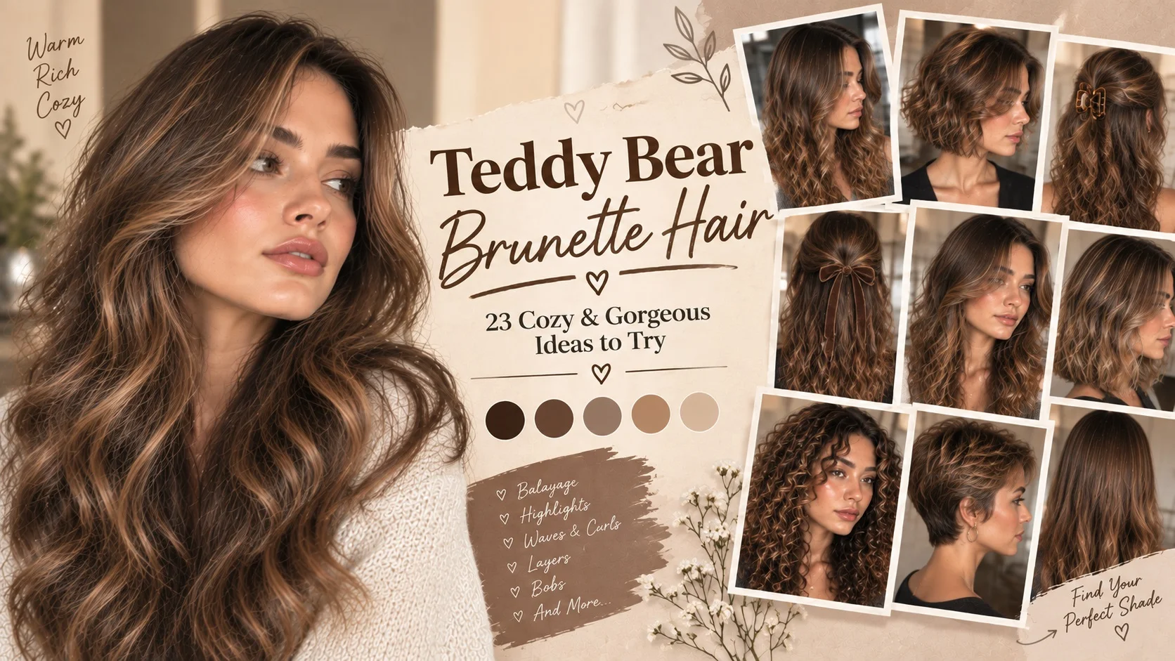 23 gorgeous teddy bear brunette hair ideas featuring chocolate, caramel, chestnut, warm brown shades, waves, curls, layers, and bobs